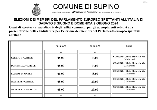 Elezioni dei membri del parlamento europeo spettanti all’italia di sabato 8 giugno e domenica 9 giugno 2024 